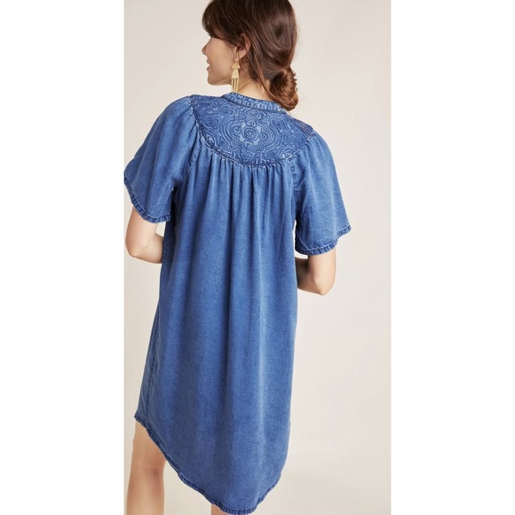 Anthropologie Pilcro Chambray Tunic Dress XS Embroidered Tencel Denim Western - Picture 3 of 12